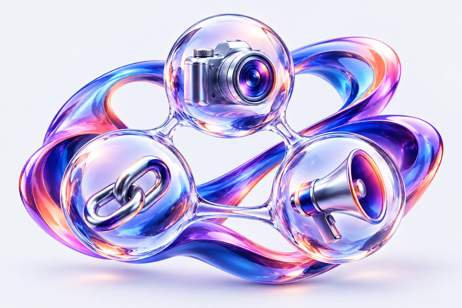 Connected crystal spheres with camera, link and megaphone symbols represent creator and affiliate distribution